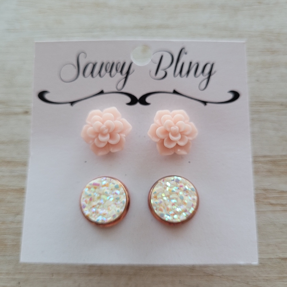 Pink Rose and Druzy Earings